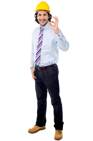 Full length image of engineer with ok sign — Stock Photo, Image