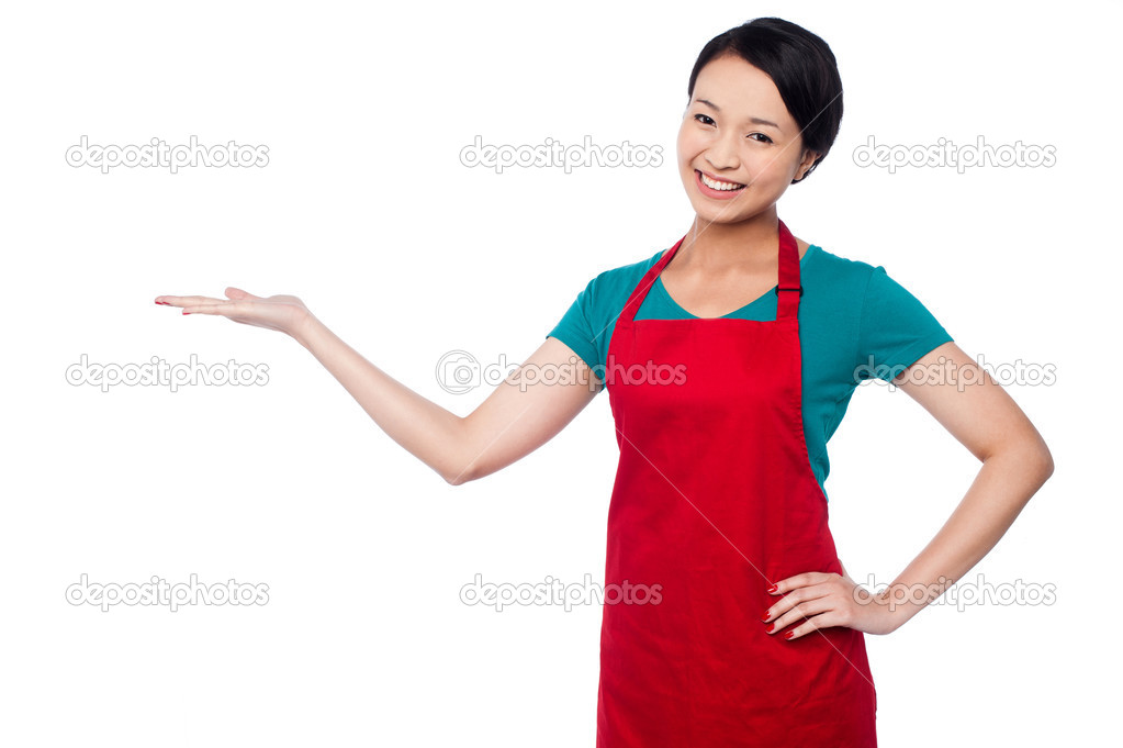 Female chef promoting bakery product