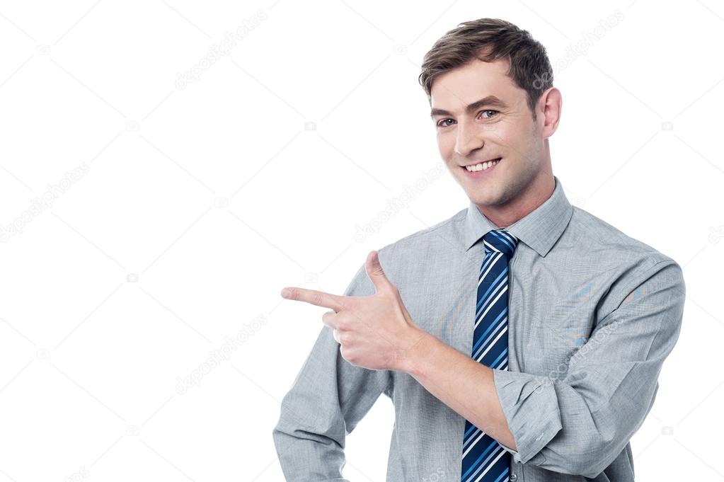 Guy pointing his finger on the copyspace