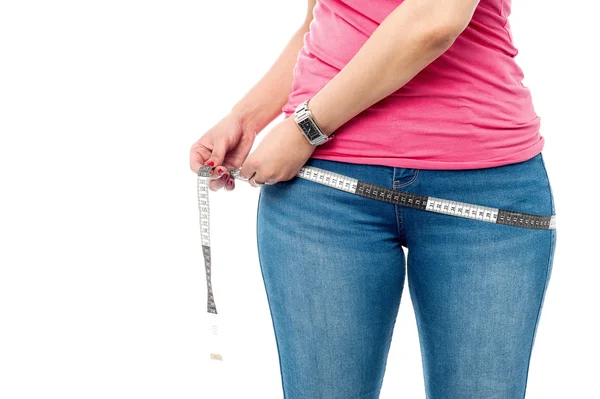 Closeup picture of woman with measure tape — Stock Photo, Image