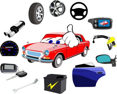 Car and a lot of necessary details on a white background clipart