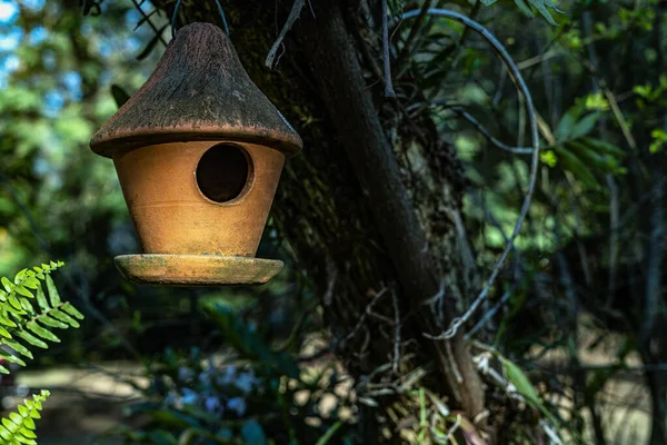 Clay bird house. Clay bird house hanging from the tree in the garden.