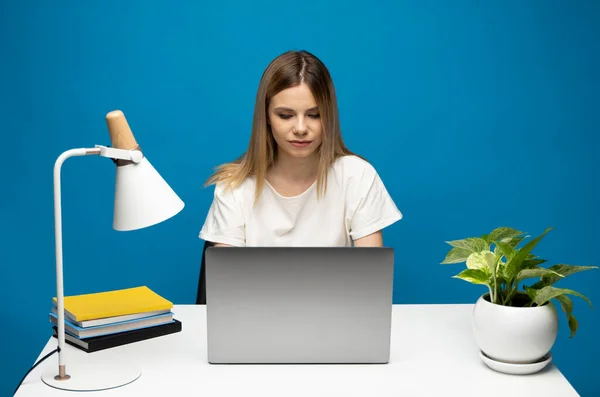 Retrato de uma jovem bonita estudando enquanto se senta na mesa com computador portátil cinza, notebook. Sorrindo mulher de negócios trabalhando com um laptop isolado em um fundo cinza. — Fotografia de Stock