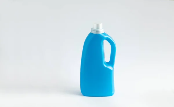 Blue Plastic Bottle Stands White Background Conditioner Liquid Powder Washing — Stockfoto