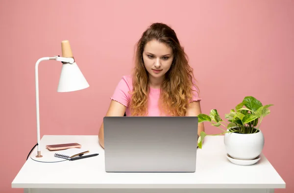 Jovem Freelancer Encaracolado Mulher Uma Camiseta Rosa Trabalhando Com Computador — Fotografia de Stock