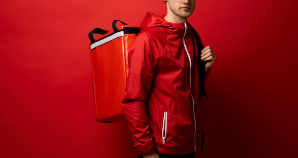 Delivery Employee Man Red Uniform Thermal Food Bag Backpack Work — Zdjęcie stockowe