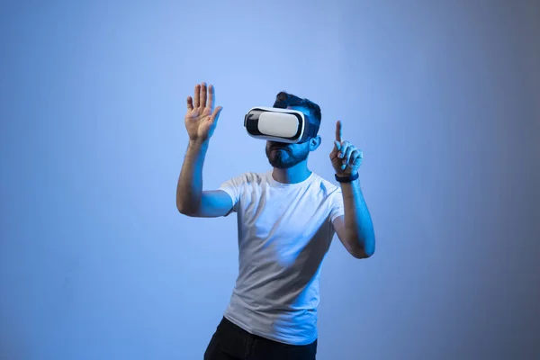 Serious Millennial Male Student White Shirt Glasses Moves His Hands — Foto de Stock