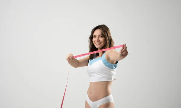 Happy Sexy Brunette Fitness Woman Pink Measure Tape Measuring Her — Fotografia de Stock