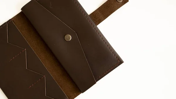Mans Handmade Wallet White Surface Wallet Made Genuine Brown Leather — Fotografia de Stock