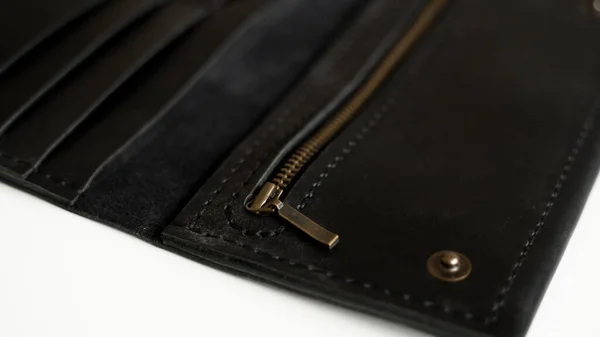 Details Mans Handmade Wallet White Surface Wallet Made Genuine Black — Stok fotoğraf