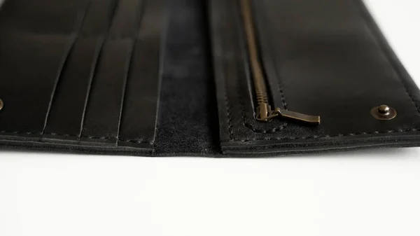 Details Mans Handmade Wallet White Surface Wallet Made Genuine Black — Stok fotoğraf