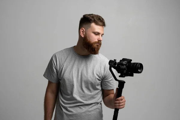 Videographer Making Good Footage Using Steadicam Cameraman Creator Stabilizer His —  Fotos de Stock