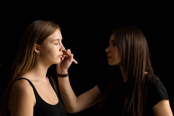 Makeup Artist Applying Liquid Tonal Foundation Face Woman Professional Make — Stock Photo, Image