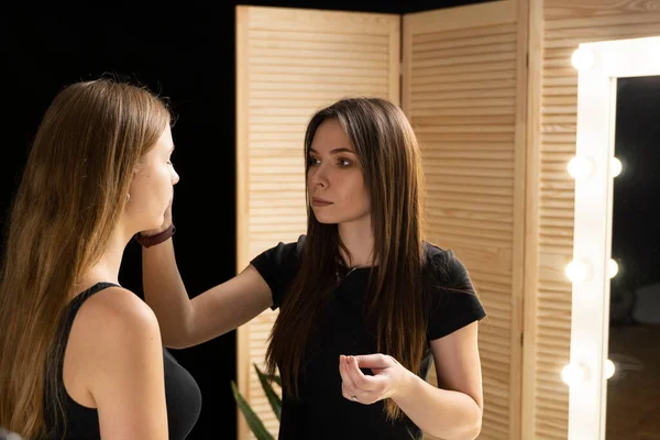 Makeup Artist Applying Liquid Tonal Foundation Face Woman Professional Make — Stock Photo, Image