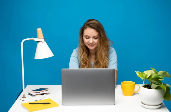 Jovem Freelancer Encaracolado Mulher Uma Camiseta Azul Trabalhando Com Computador — Fotografia de Stock