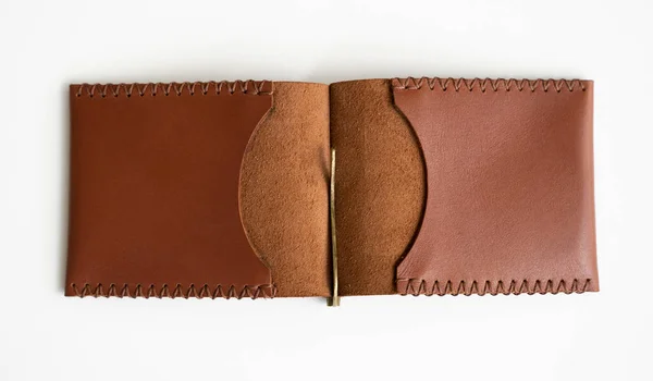 Open Orange Mens Money Clip Genuine Handmade Leather Wallet Cards — Stock Photo, Image