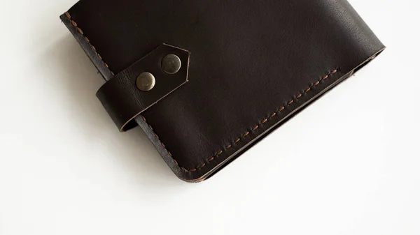 Mans Handmade Dark Brown Genuine Leather Wallets White Background Leather — 图库照片