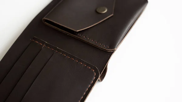 Mans Open Handmade Dark Brown Genuine Leather Wallets White Background — стоковое фото