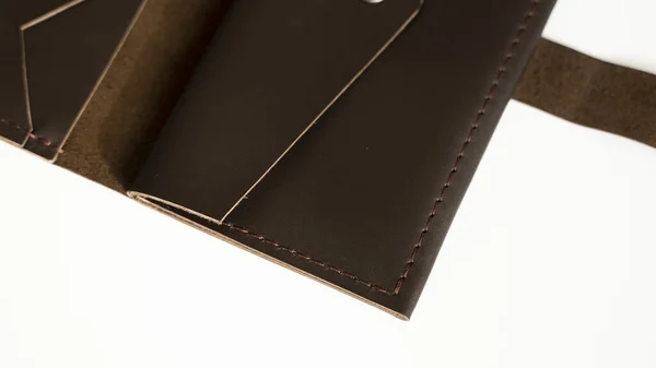Mans Open Handmade Dark Brown Genuine Leather Wallets White Background — 스톡 사진