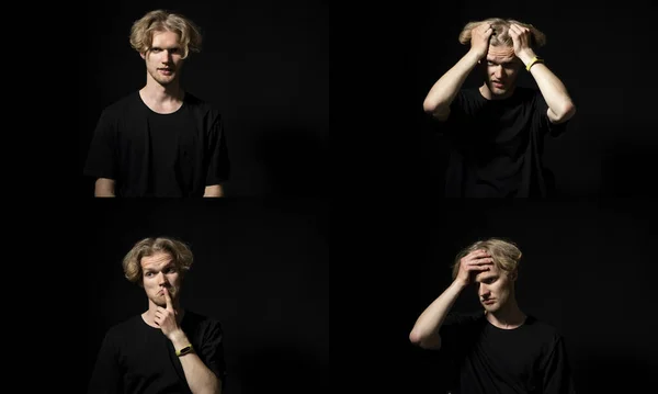 Collage Four Different Emotions One Young Man Black Shirt Black — Fotografia de Stock