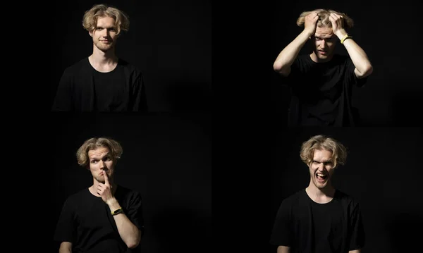 Set of different emotions. Collage with four different emotions in one young man in black t-shirt on black background
