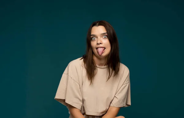 Young Woman Wearing Casual Clothes Sticking Tongue Out Happy Funny — Photo