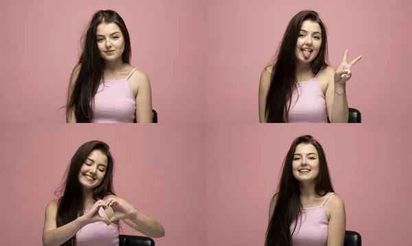 Set Different Emotions Collage Four Different Emotions One Young Brunette — Foto Stock