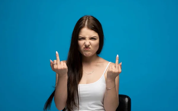 Portrait Rude Vulgar Woman Showing Middle Fingers Impolite Gesture Disrespect — Stockfoto