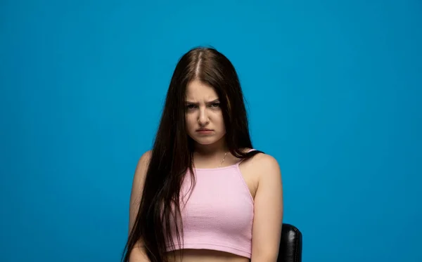 Negative Human Emotions Feelings Grumpy Young Woman Posing Frowning Eyebrows — стоковое фото