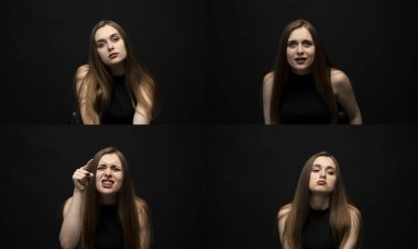 Farklı duygular dizisi. Siyah arka planda siyah tişörtlü esmer bir kadında dört farklı duyguyla kolaj.