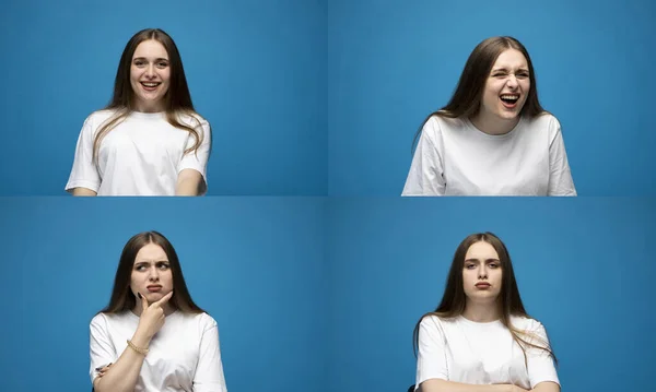 Collage photo with four different happy and sad emotions in one young brunette woman in white t-shirt on blue background. Set of young womans portraits with different emotions