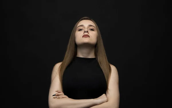 Negative Human Emotions Feelings Grumpy Young Woman Posing Frowning Eyebrows — Foto de Stock