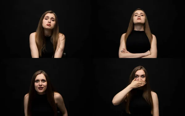 Set of young brunette girl woman in a black t-shirt posing with many different facial expressions in a black room. Collage with emotions. Sad, Happy, Angry, Funny