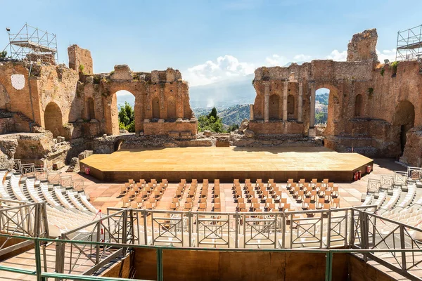 Vista Panorâmica Belo Teatro Grego Taormina Província Messina Sicília Itália — Fotografia de Stock