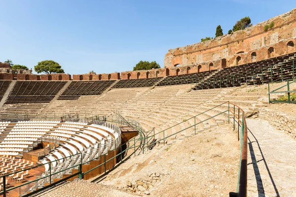 Vista Panorâmica Belo Teatro Grego Taormina Província Messina Sicília Itália — Fotografia de Stock