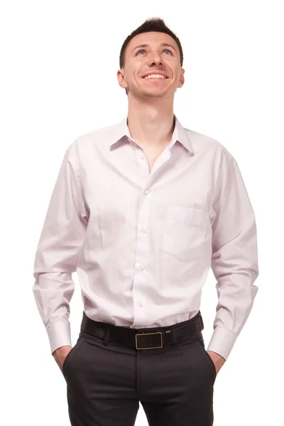Hombre feliz en camisa blanca mirando hacia arriba — Foto de Stock