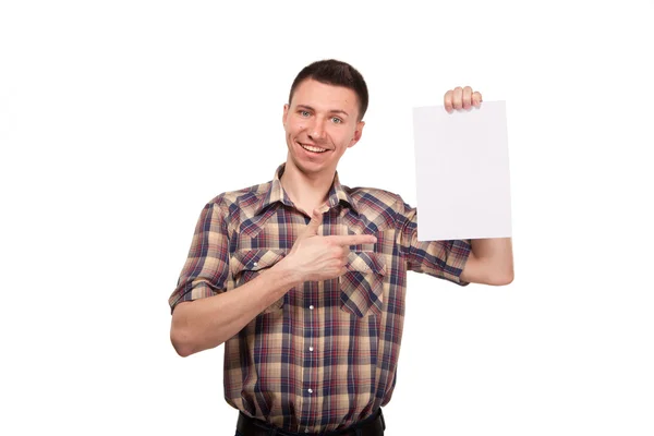 Boş beyaz tahta ile ekose gömlekli adam — Stok fotoğraf