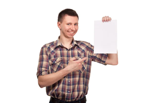 Homem em uma camisa xadrez com placa branca em branco — Fotografia de Stock