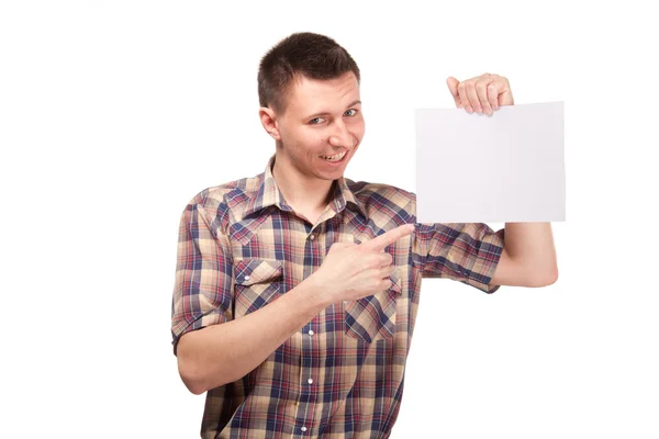 Человек в клетчатой рубашке с пустой белой доской — стоковое фото