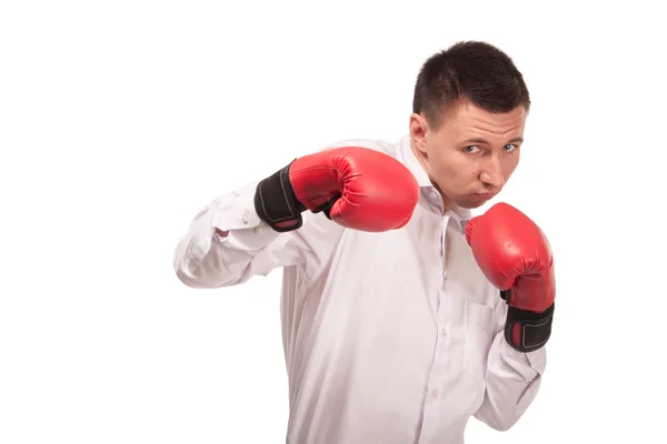 Bisinessman wearing boxing gloves — Stok fotoğraf