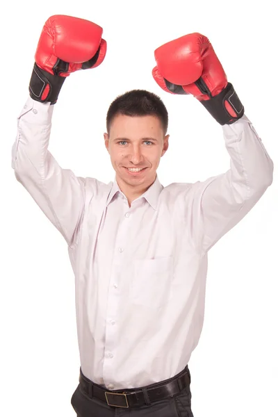 Affärsman upp armarna i triumf i boxning handskar — Stockfoto