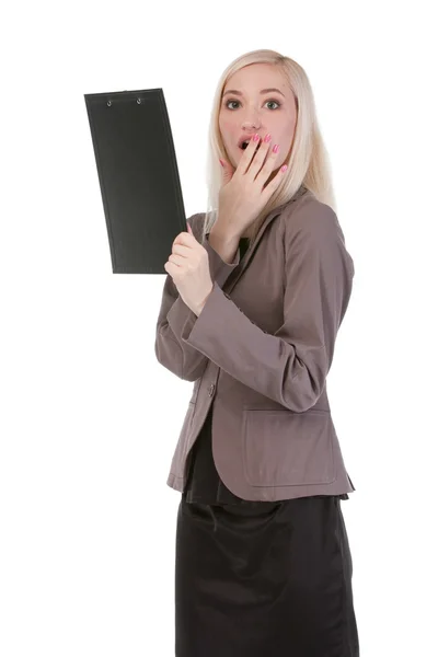 Choqué femme d'affaires regardant le papier — Photo