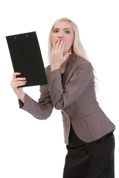 Shocked business woman looking at the paper — Stock Photo, Image