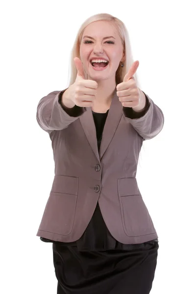 Gelukkig lachende zakenvrouw met duimen omhoog gebaar — Stockfoto