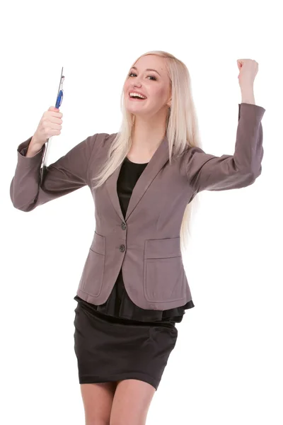 Porträt einer jungen Geschäftsfrau, die sich über ihren Erfolg freut. — Stockfoto