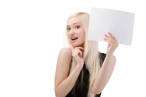 Smiling woman holding blank card. — Stock Photo, Image