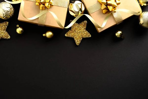 Black Christmas Background Gift Boxes Festive Xmas Decorations Luxury Christmas — Stock Photo, Image
