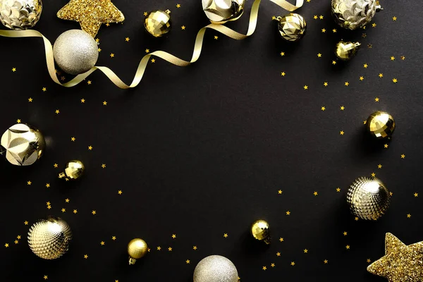 Чорний Різдвяний Фон Золотими Кульками Вечірка Стример Конфетті Дизайн Різдвяних — стокове фото