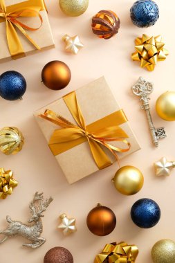 Noel kompozisyonu. Renkli Noel mücevheri ve pastel bej arka planda hediye kutuları. Sosyal medya hikayeleri için Xmas dikey afiş tasarımı