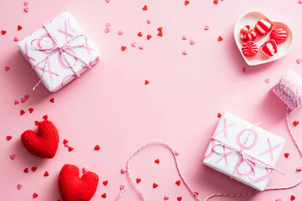 Feliz Día San Valentín Concepto Composición Plana Creativa Con Cajas — Foto de Stock